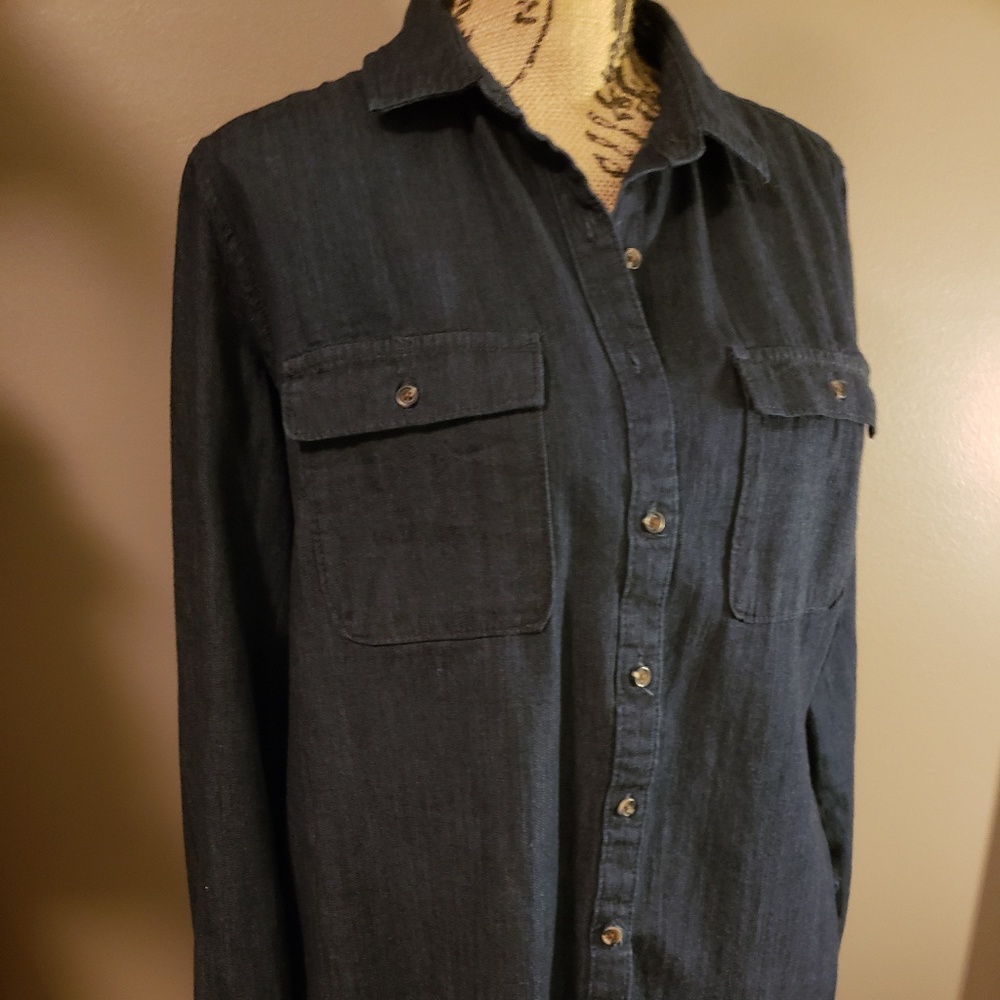 Denim high-low button down